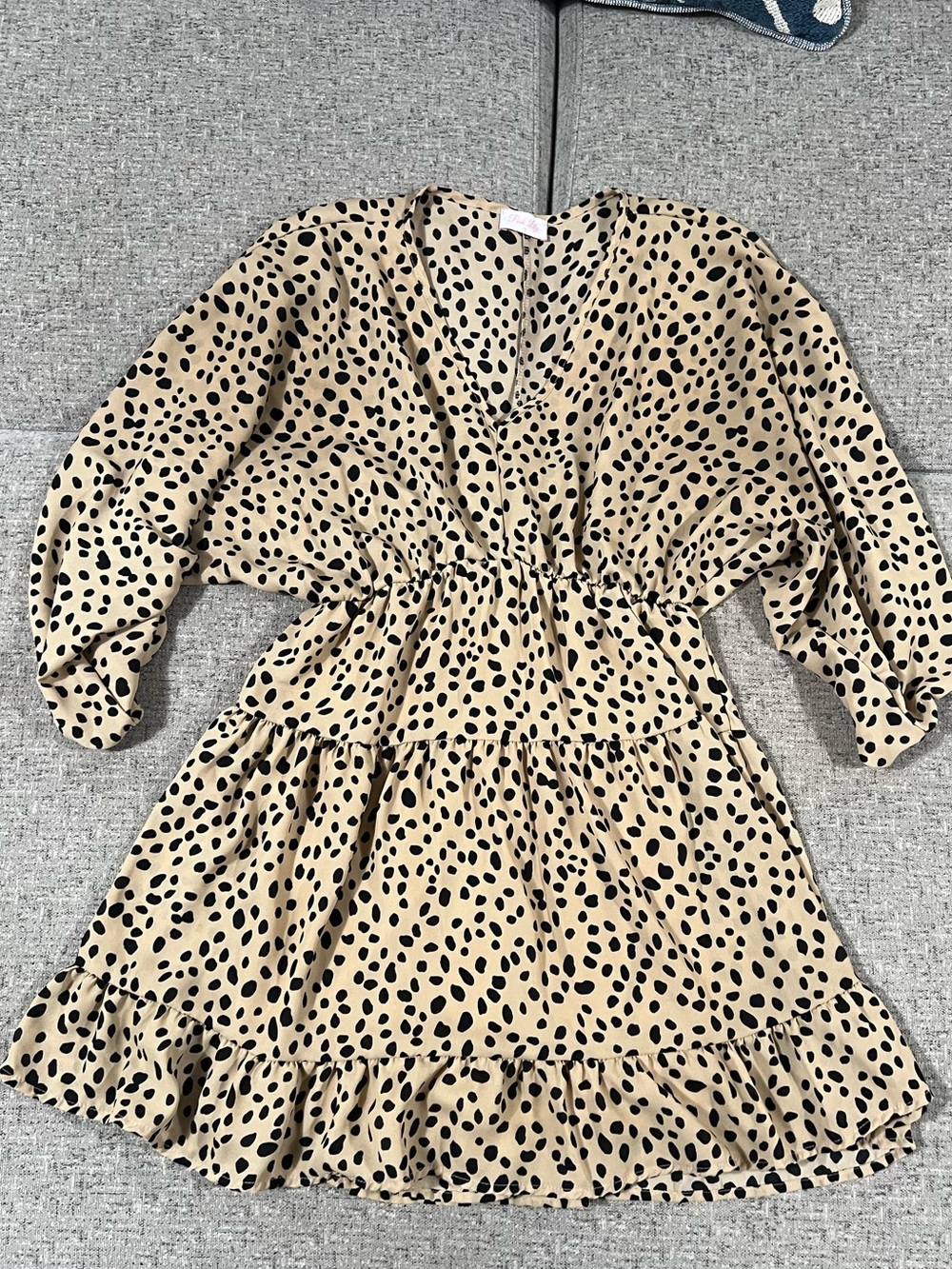 Pink Lily Beige and Black Spotted Tiered Dress